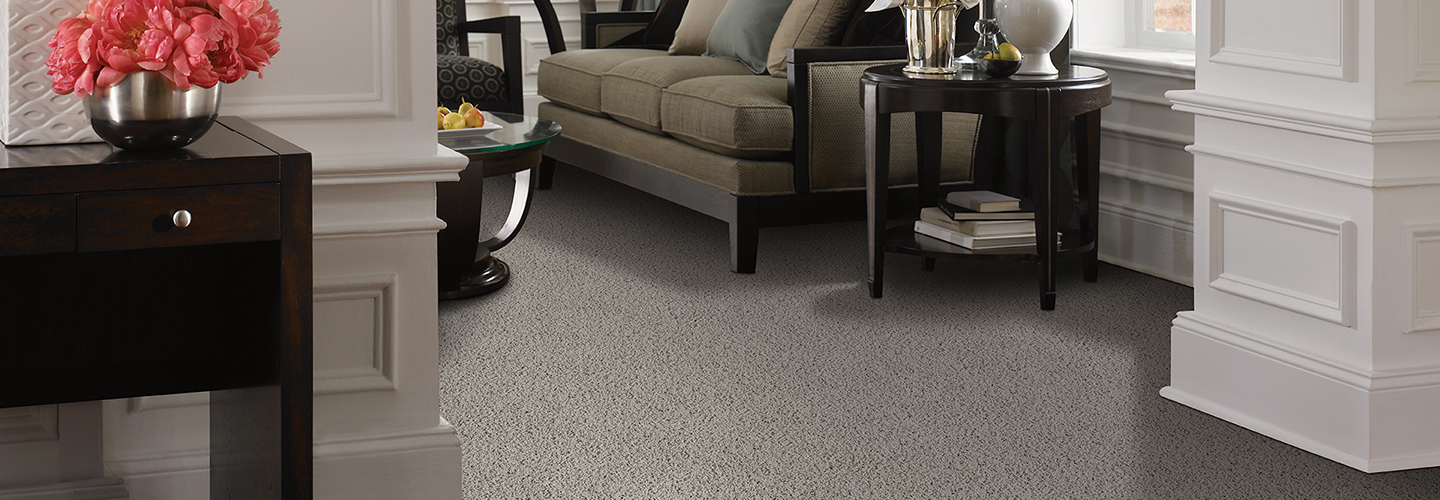 Living room scene with taupe Softique carpet